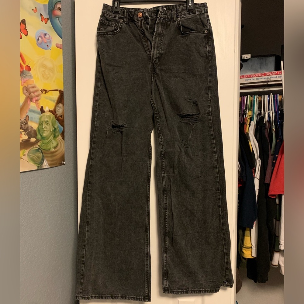 H&M Black Distressed High Waist Flare Jeans